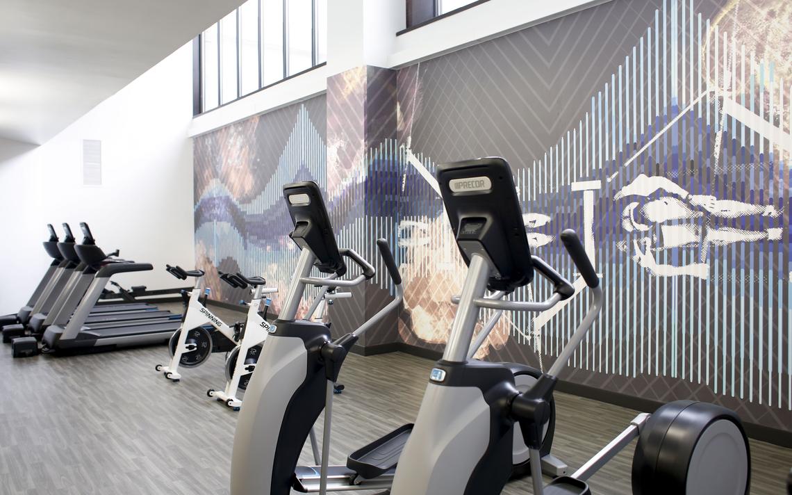 A row of exercise bikes in a gym.